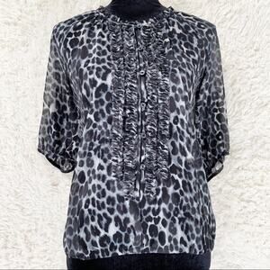 EXPRESS Gray Leopard Animal Print Ruffle 3/4 Sleeve Blouse size Small